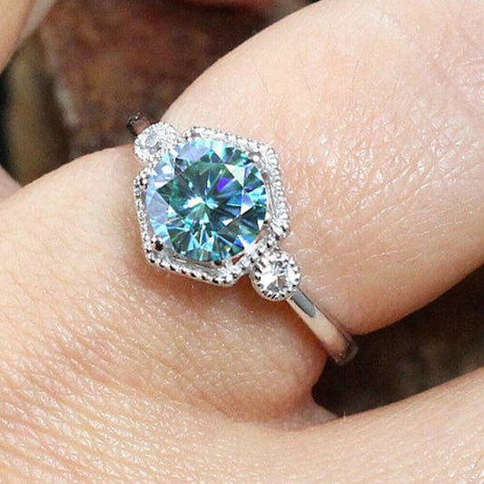 3 Carat Blue Round Cut Diamond Engagement Ring for Women, Wedding Ring, Christmas Gifts