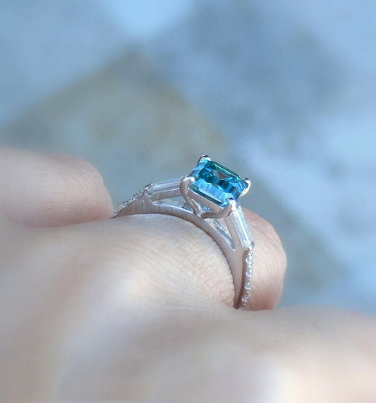 2.5 Carat Blue Emerald Cut Diamond Engagement Ring for Women, Wedding Ring, Three Stone Ring