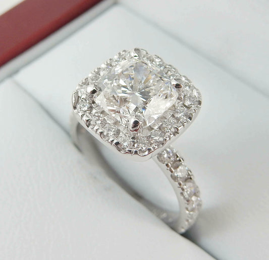 2 Carat Cushion Cut Diamond Engagement Ring For Women, Wedding Ring, Halo Ring Set