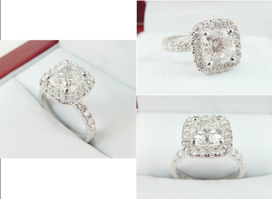 2 Carat Cushion Cut Diamond Engagement Ring For Women, Wedding Ring, Halo Ring Set