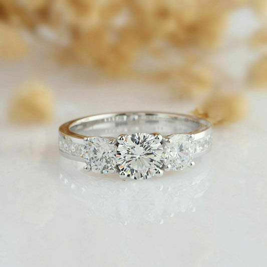1.5 Carat Round Cut Diamond Engagement Ring for Women, Three Stone Ring, Wedding Ring, Christmas Gifts