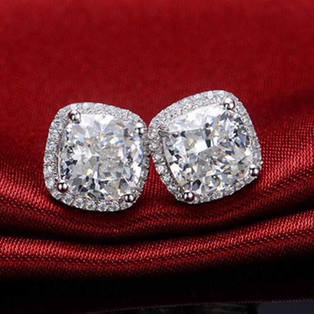 4.3 TCW Cushion Cut Diamond Halo Stud Earrings For Women, Wedding Earrings, Christmas Gifts