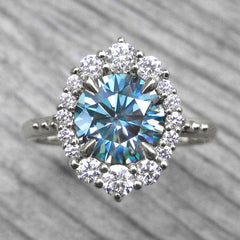 1.5 Carat Blue Round Cut Diamond Engagement Ring for Women, Wedding Ring, Halo Engagement Ring, Anniversary Gifts