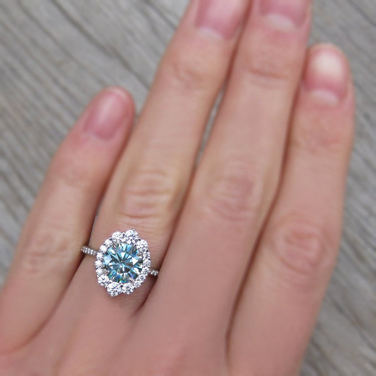 1.5 Carat Blue Round Cut Diamond Engagement Ring for Women, Wedding Ring, Halo Engagement Ring, Anniversary Gifts