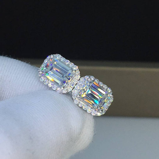 3.30 TCW Emerald Cut Diamond Engagement Halo Stud Earrings For Women, Wedding Earrings, Christmas Gift For Her