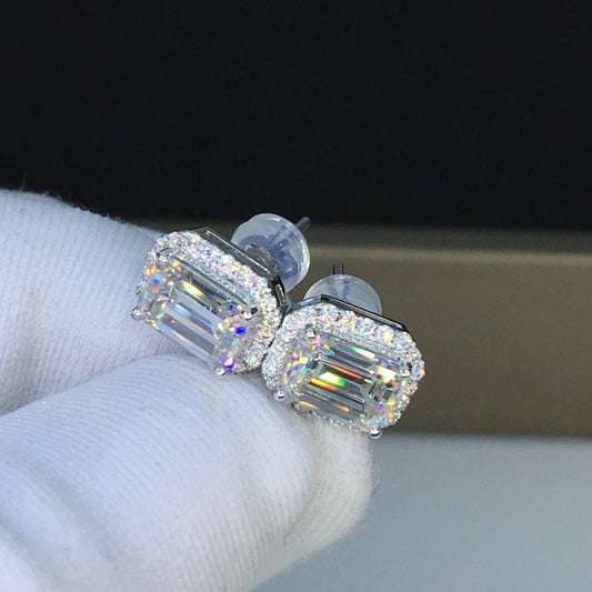 3.30 TCW Emerald Cut Diamond Engagement Halo Stud Earrings For Women, Wedding Earrings, Christmas Gift For Her