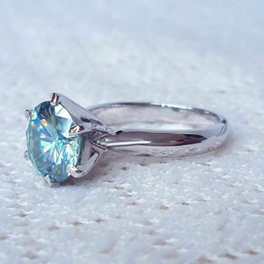 3 Carat Blue Round Cut Diamond Engagement Ring for Women, Solitaire Ring, Wedding Ring