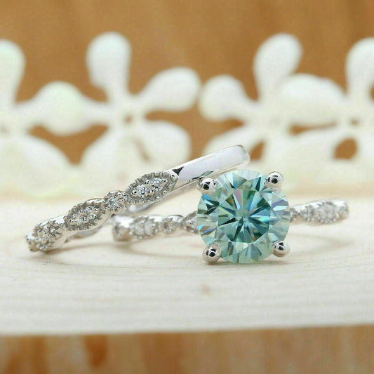 2 Carat Blue Round Cut Diamond Engagement Ring For Women, Bridal Set Wedding Ring, Christmas Gifts