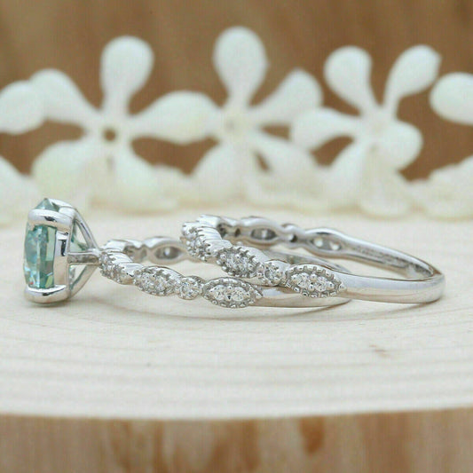 2 Carat Blue Round Cut Diamond Engagement Ring For Women, Bridal Set Wedding Ring, Christmas Gifts