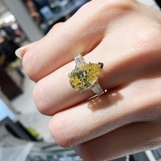 3 Carat Yellow Pear Cut Diamond Engagement Ring For Women, Three Stone Ring, Wedding Ring
