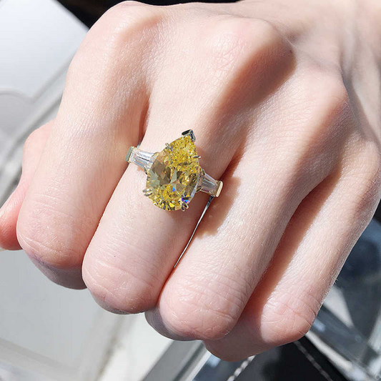 3 Carat Yellow Pear Cut Diamond Engagement Ring For Women, Three Stone Ring, Wedding Ring
