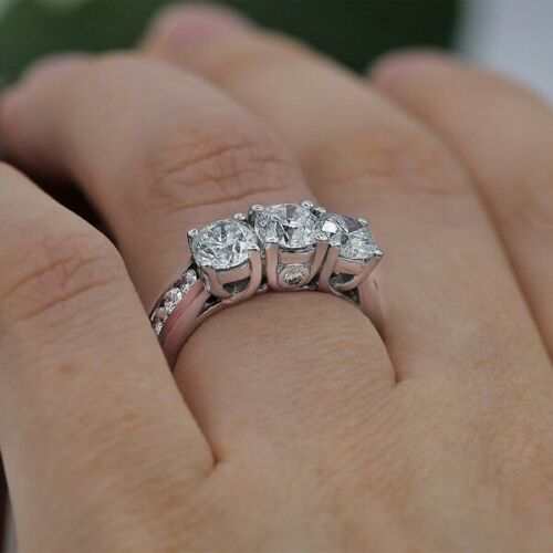 1.5 Carat Round Cut CVD Lab Grown Diamond Engagement Ring For Women, Three Stone Ring, Wedding Ring, Christmas Gifts