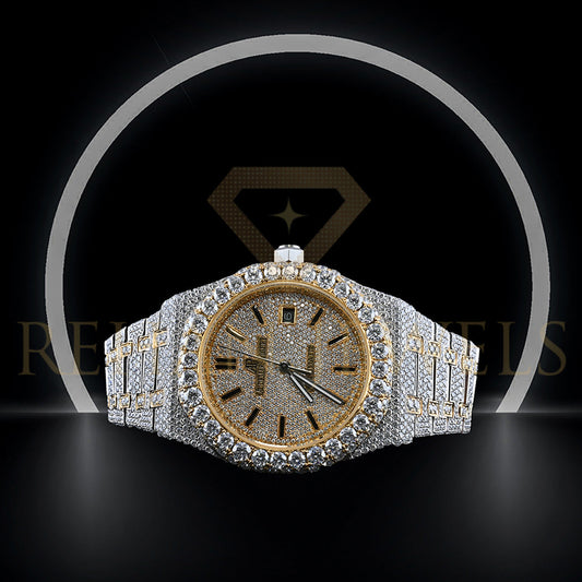 Rehan Jewels Audemars Piguet Swiss Eta Movement Yellow Gold Full Iced Out Moissanite Diamond Watch