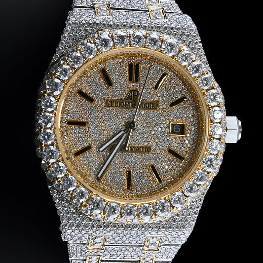 Rehan Jewels Audemars Piguet Swiss Eta Movement Yellow Gold Full Iced Out Moissanite Diamond Watch