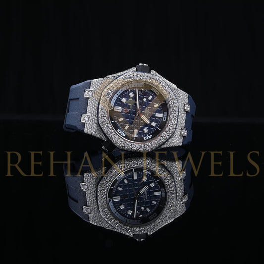 Rehan Jewels Audemars Piguet Swiss Eta Movement Band Rubber Clad Full White Moissanite Diamond Watch