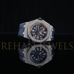 Rehan Jewels Audemars Piguet Swiss Eta Movement Band Rubber Clad Full White Moissanite Diamond Watch