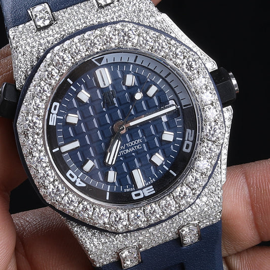 Rehan Jewels Audemars Piguet Swiss Eta Movement Band Rubber Clad Full White Moissanite Diamond Watch