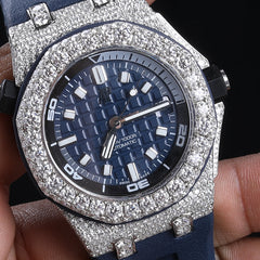 Rehan Jewels Audemars Piguet Swiss Eta Movement Band Rubber Clad Full White Moissanite Diamond Watch