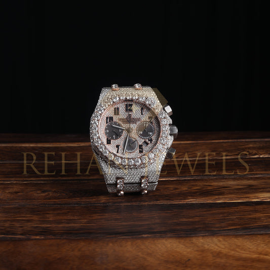 Rehan Jewels Audemars Piguet Swiss Eta Movement Rose Gold Full Iced Out Moissanite Diamond Watch