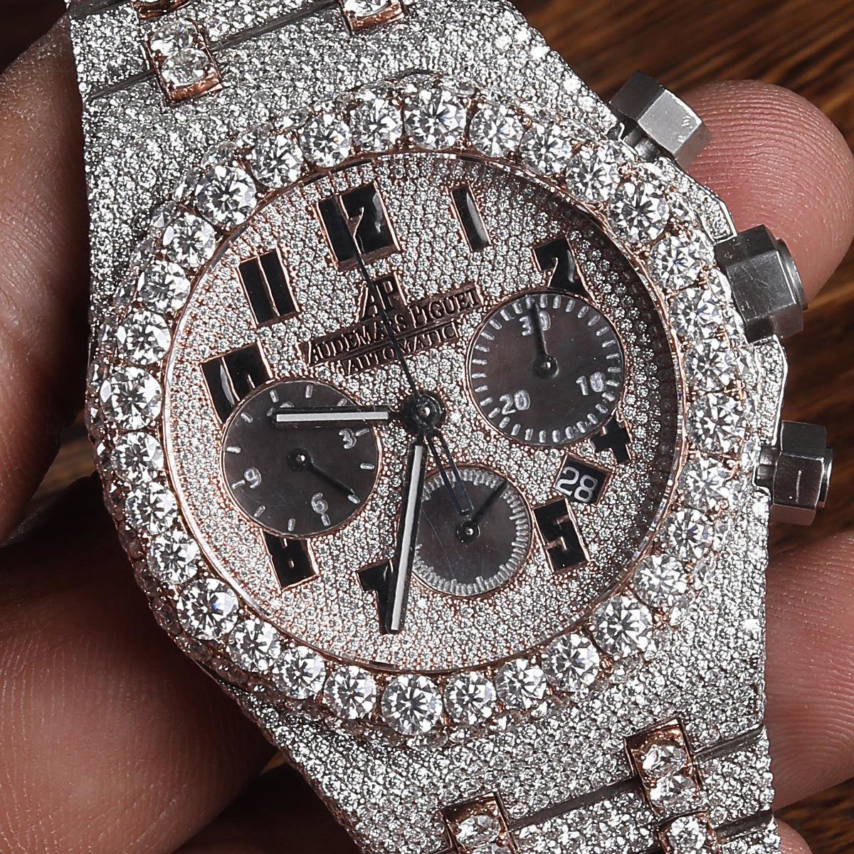 Rehan Jewels Audemars Piguet Swiss Eta Movement Rose Gold Full Iced Out Moissanite Diamond Watch