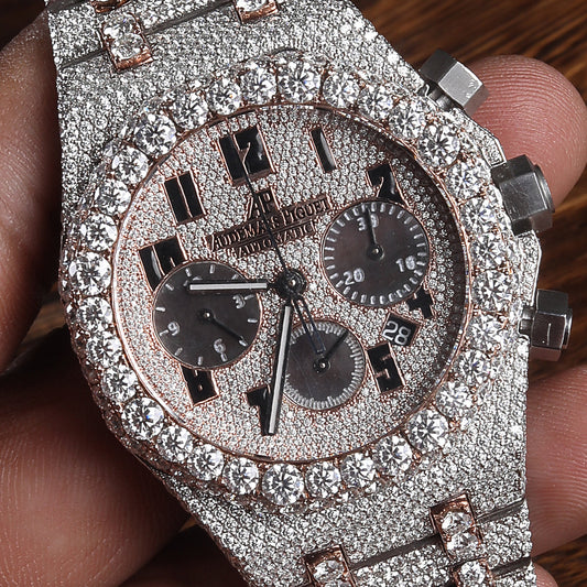 Rehan Jewels Audemars Piguet Swiss Eta Movement Rose Gold Full Iced Out Moissanite Diamond Watch