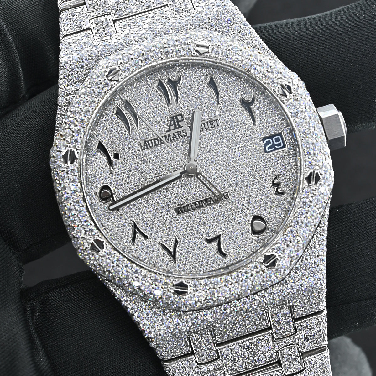 Rehan Jewels Audemars Piguet Swiss Eta Movement Full White Ice Out Moissanite Diamond Make Dial Plate In Arbic