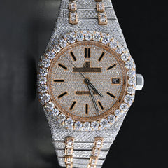 Rehan Jewels Audemars Piguet Swiss Eta Movement Rose Gold Full Iced Out Moissanite Diamond Watch Make Dial Plate Roman, Highted Collet, & Bezell