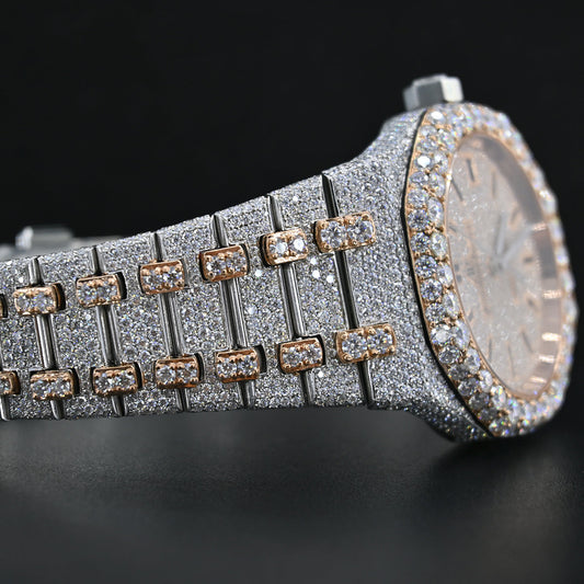 Rehan Jewels Audemars Piguet Swiss Eta Movement Rose Gold Full Iced Out Moissanite Diamond Watch Make Dial Plate Roman, Highted Collet, & Bezell