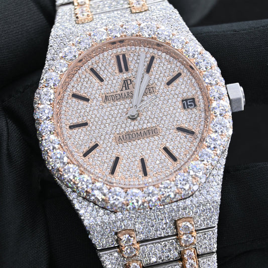 Rehan Jewels Audemars Piguet Swiss Eta Movement Rose Gold Full Iced Out Moissanite Diamond Watch Make Dial Plate Roman, Highted Collet, & Bezell