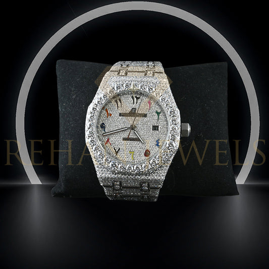 Rehan Jewels Audemars Piguet Swiss Eta Movement Full White Ice Out Moissanite Diamond Watch And Make Dail Plate In Arbic Rainbow Mina