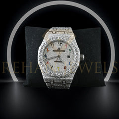 Rehan Jewels Audemars Piguet Swiss Eta Movement Full White Ice Out Moissanite Diamond Watch And Make Dail Plate In Arbic Rainbow Mina
