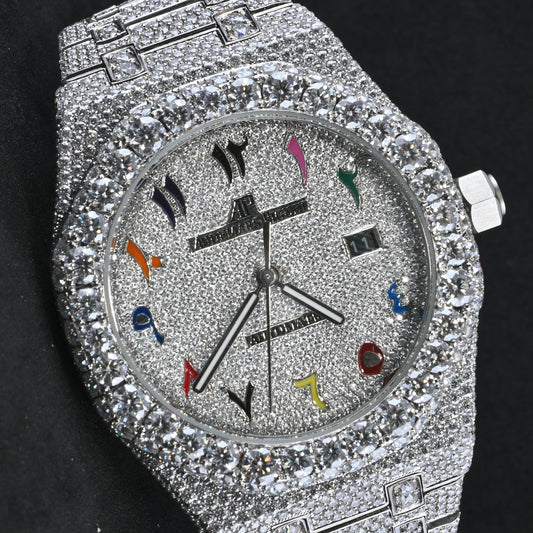 Rehan Jewels Audemars Piguet Swiss Eta Movement Full White Ice Out Moissanite Diamond Watch And Make Dail Plate In Arbic Rainbow Mina
