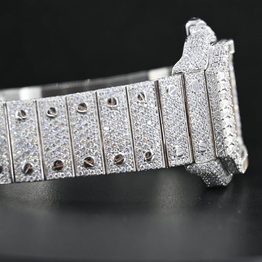 Rehan Jewels Cartier Swiss Eta Automatic Movement Full Ice Out Rose Gold Moissanite Diamond Watch And Make Heighted Bezel With Precious Stone.