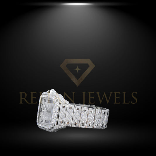 Rehan Jewels Cartier Swiss Eta  Automatic Movement Bust Down Watch, 100 % Real VVS Full White Ice Out Studded Moissanite Diamond Watch For Men
