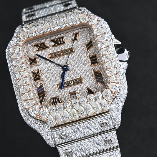 Rehan Jewels Cartier Swiss Eta Automatic Movement Full Ice Out Rose Gold Moissanite Diamond Watch And Make Heighted Bezel With Precious Stone.