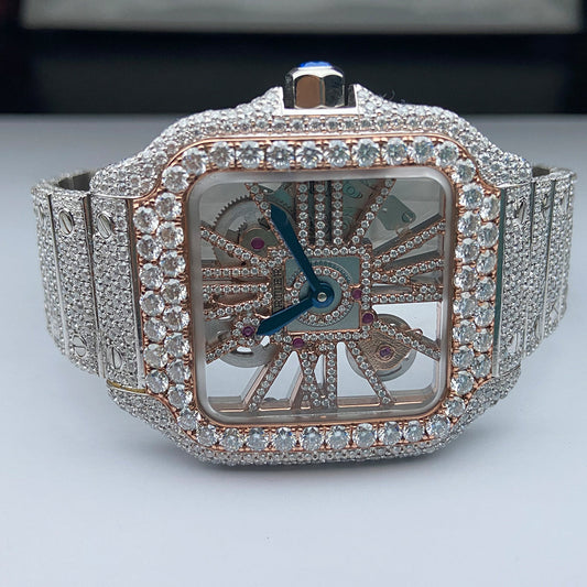 Rehan Jewels Cartier Swiss Eta Automatic Movement Full Ice Out Rose Gold Moissanite Diamond Watch