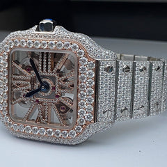 Rehan Jewels Cartier Swiss Eta Automatic Movement Full Ice Out Rose Gold Moissanite Diamond Watch