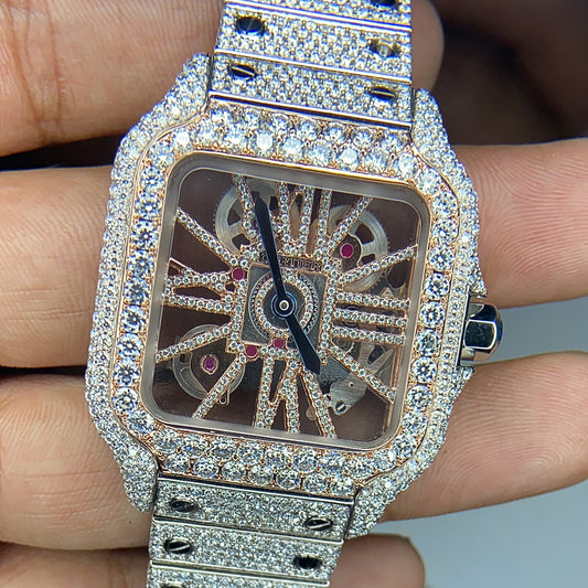 Rehan Jewels Cartier Swiss Eta Automatic Movement Full Ice Out Rose Gold Moissanite Diamond Watch