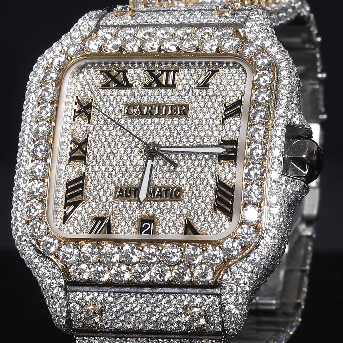 Rehan Jewels Cartier Swiss Eta Automatic Movement Full White Ice Out Moissanite Diamond Watch And Make Rose Collet