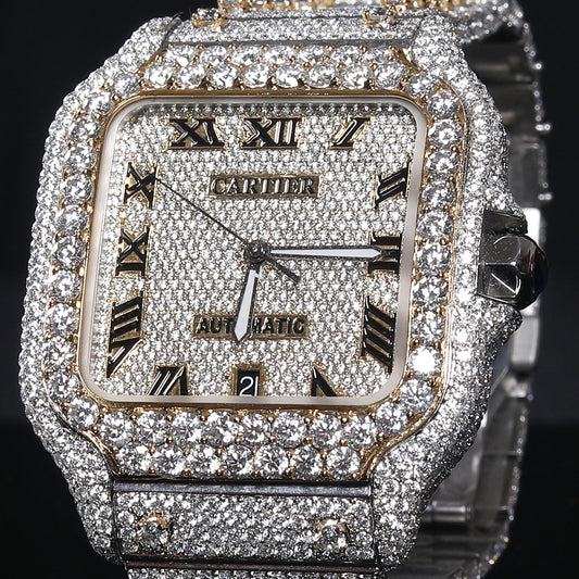 Rehan Jewels Cartier Swiss Eta Automatic Movement Full White Ice Out Moissanite Diamond Watch And Make Rose Collet