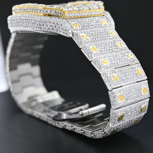 Rehan Jewels Cartier Swiss Eta Automatic Movement Bust Down Watch, 100 % Real VVS Yellow Gold Full Ice Out Studded Moissanite Diamond Watch Make Bezel Precious Stone For Men