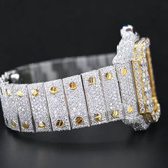 Rehan Jewels Cartier Swiss Eta Automatic Movement Bust Down Watch, 100 % Real VVS Yellow Gold Full Ice Out Studded Moissanite Diamond Watch Make Bezel Precious Stone For Men