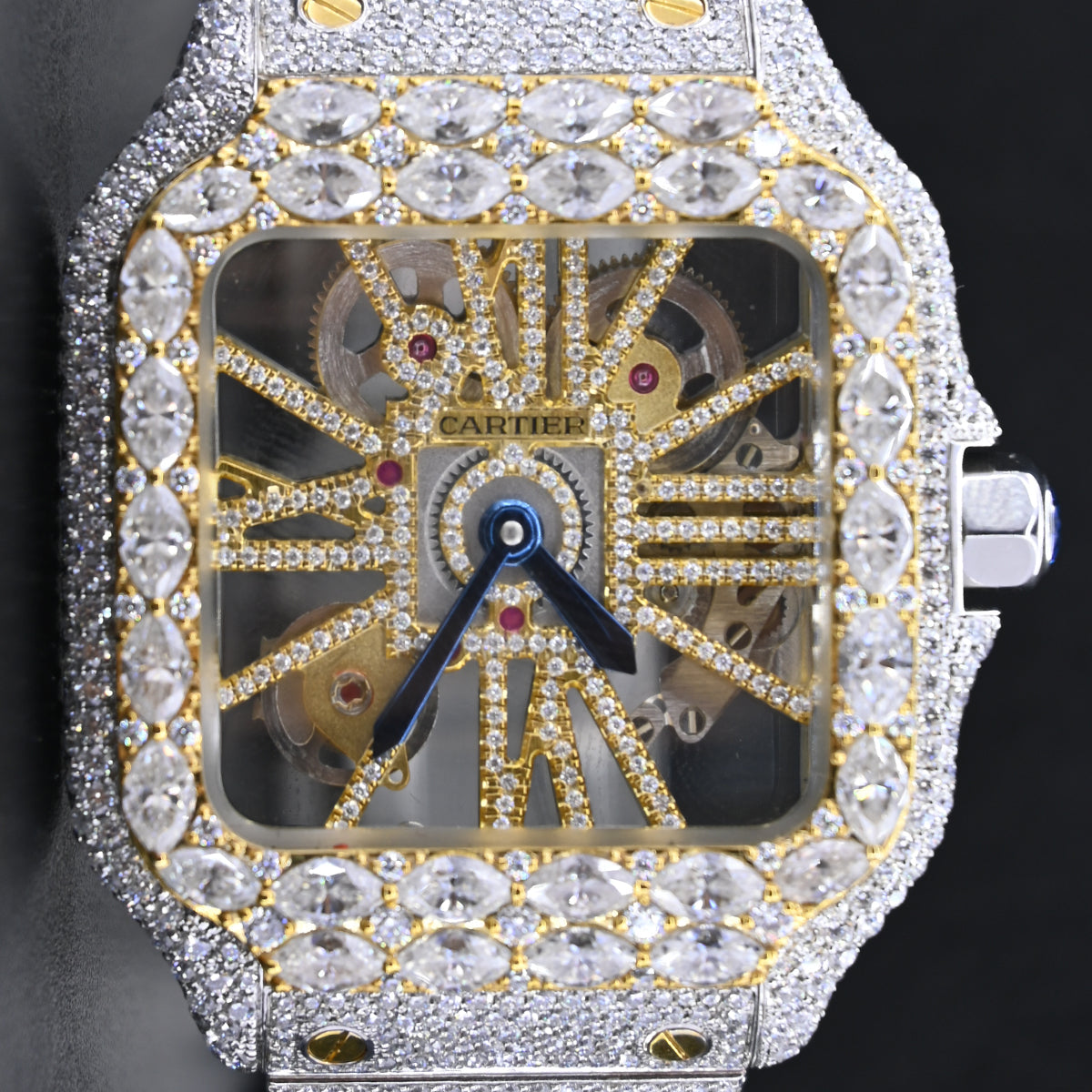 Rehan Jewels Cartier Swiss Eta Automatic Movement Bust Down Watch, 100 % Real VVS Yellow Gold Full Ice Out Studded Moissanite Diamond Watch Make Bezel Precious Stone For Men