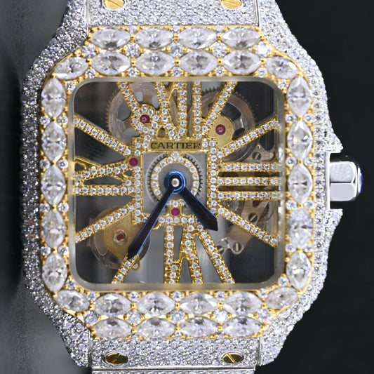 Rehan Jewels Cartier Swiss Eta Automatic Movement Bust Down Watch, 100 % Real VVS Yellow Gold Full Ice Out Studded Moissanite Diamond Watch Make Bezel Precious Stone For Men