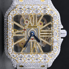 Rehan Jewels Cartier Swiss Eta Automatic Movement Bust Down Watch, 100 % Real VVS Yellow Gold Full Ice Out Studded Moissanite Diamond Watch Make Bezel Precious Stone For Men