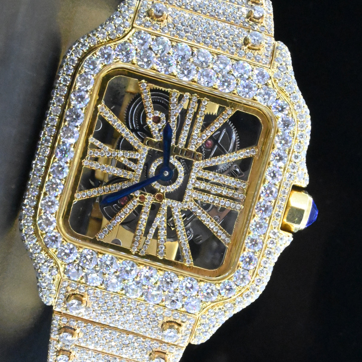 Rehan Jewels Cartier Swiss Eta Automatic Movement Bust Down Watch,100 %  Full Yellow Gold Full Ice Out Studded With Real VVS Moissanite Diamond Watch For Men