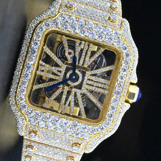 Rehan Jewels Cartier Swiss Eta Automatic Movement Bust Down Watch,100 %  Full Yellow Gold Full Ice Out Studded With Real VVS Moissanite Diamond Watch For Men