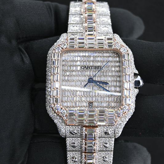 Rehan Jewels Cartier Swiss Eta  Automatic Movement Bust Down Watch, Full Ice Out White Studded With Real VVS Moissanite Diamond & Baguette Watch For Men In Rose Gold