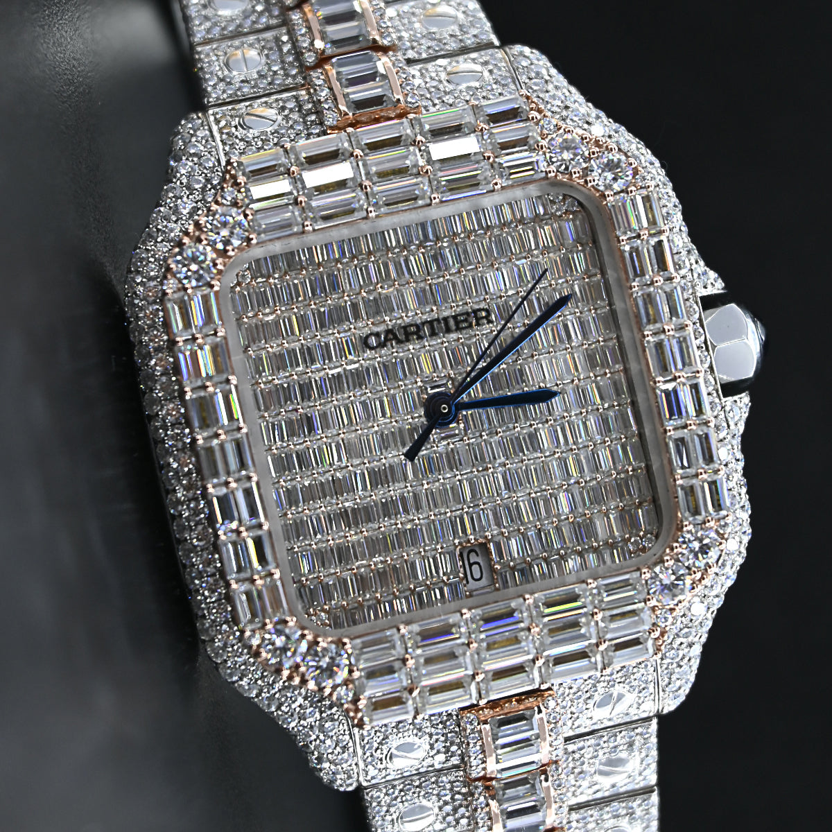 Orologio Rehan Jewels Cartier Swiss Eta Automatic Movement Bust Down, Full Ice Out Bianco tempestato di veri diamanti VVS Moissanite e orologio baguette per uomo in oro rosa 