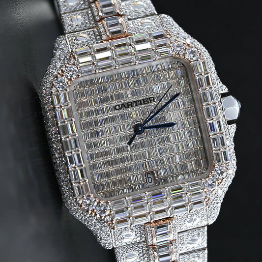 Rehan Jewels Cartier Swiss Eta  Automatic Movement Bust Down Watch, Full Ice Out White Studded With Real VVS Moissanite Diamond & Baguette Watch For Men In Rose Gold